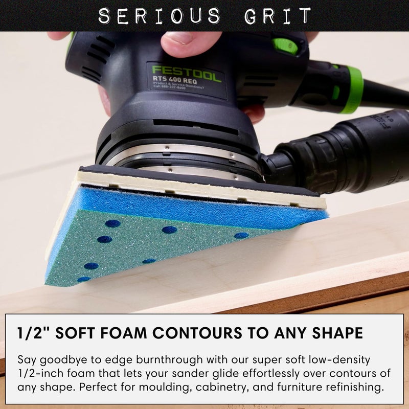 Serious Grit - 3" x 5" (80x133mm) Foam Sanding Pads - P120-150 Medium Finish Grit - 1/2" Thick Low Density Foam - Hook & Loop - Fits Festool RTS 400 & Mirka DEOS 3x5 Sanders â€“ Made in USA â€“ 10 Pack - Image 5