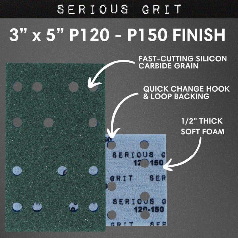 Serious Grit - 3" x 5" (80x133mm) Foam Sanding Pads - P120-150 Medium Finish Grit - 1/2" Thick Low Density Foam - Hook & Loop - Fits Festool RTS 400 & Mirka DEOS 3x5 Sanders â€“ Made in USA â€“ 10 Pack - Image 3
