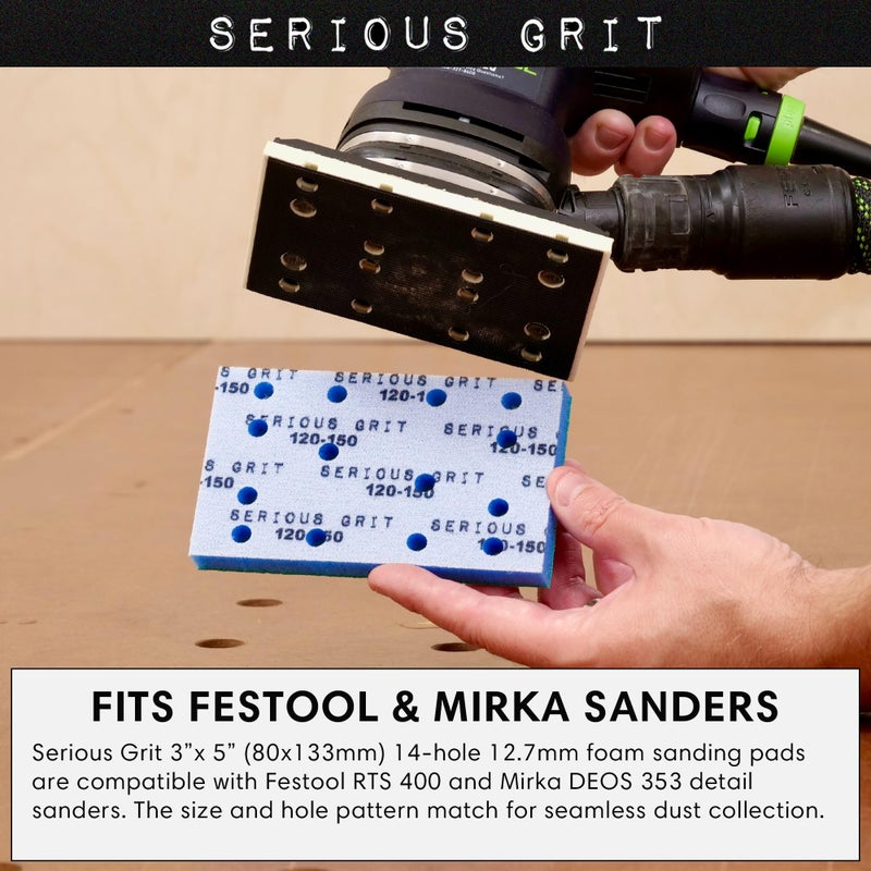 Serious Grit - 3" x 5" (80x133mm) Foam Sanding Pads - P120-150 Medium Finish Grit - 1/2" Thick Low Density Foam - Hook & Loop - Fits Festool RTS 400 & Mirka DEOS 3x5 Sanders â€“ Made in USA â€“ 10 Pack - Image 2