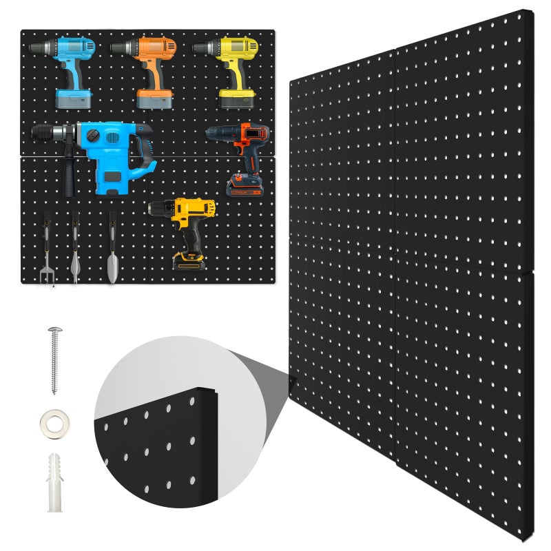 Hogurity Peg Board 4 Pack Metal Pegboard Panels Black Pegboards Wall Organizer with Bent Frame Large Heavy Duty Peg Board for Walls Home Garage Tool Storage Office Organization Craft Room Kitchen