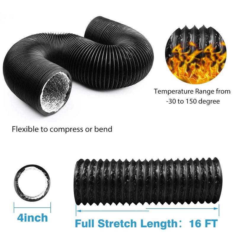 YIJUHOU 4 Inch 16FT Air Duct, Non-Insulated Flexible Aluminum Dryer Vent Hose for HVAC Ventilationï¼ŒFan Filter and Grow Tent, 2 Clamps Include - Image 2