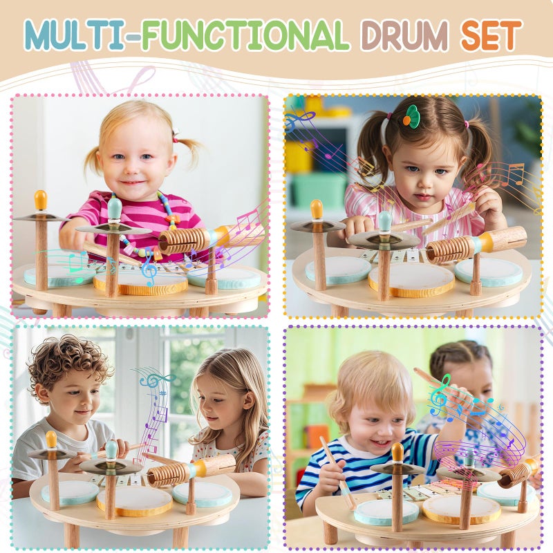 Rmischolar Kids Drum Set Montessori Musical Instruments for Toddlers 1-3, Wooden Baby Drum Kit with Xylophone, Preschool Music Toys for Early Learning, Educational Birthday Gift for Boys Girls (Multicolored) - Image 5