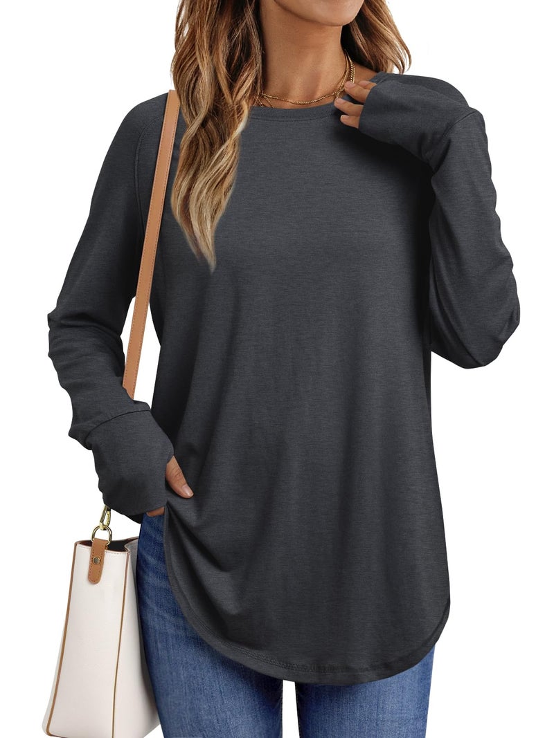 AUTOMET Womens Long Sleeve Shirts Crew Neck Casual Tshirts Fall Fashion Tops Loose Fit Lightweight Y2k Outfits Clothes Darkgrey XL - Image 1
