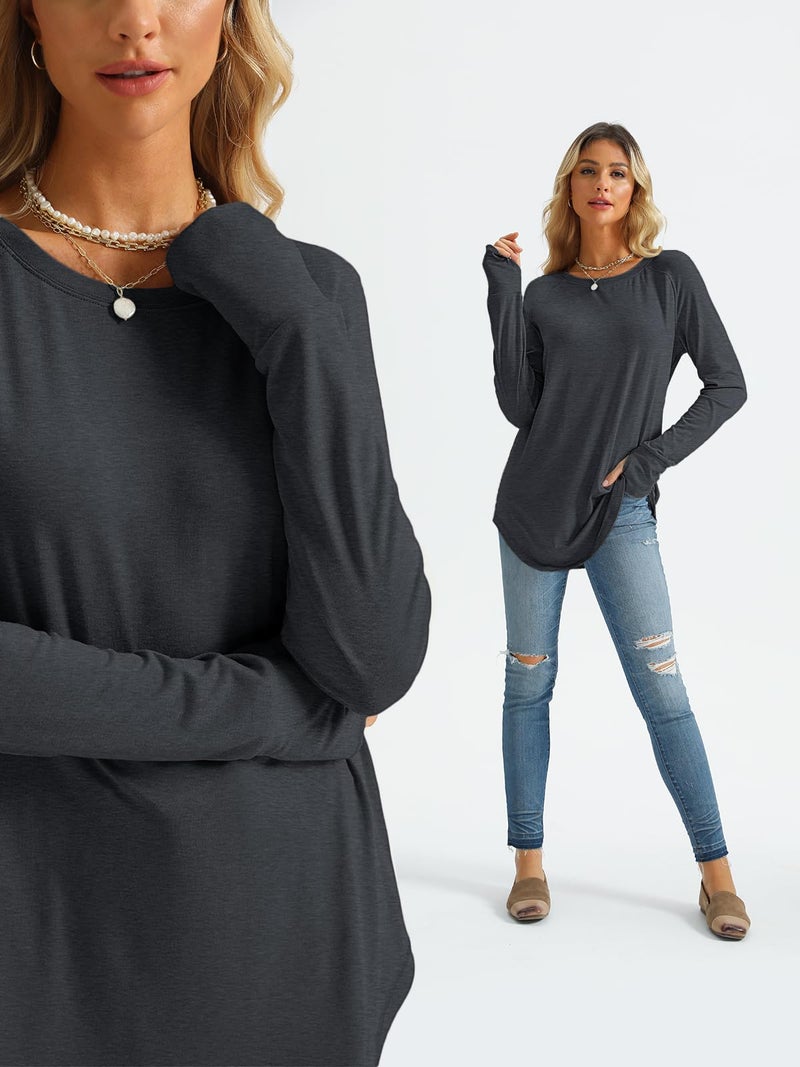AUTOMET Womens Long Sleeve Shirts Crew Neck Casual Tshirts Fall Fashion Tops Loose Fit Lightweight Y2k Outfits Clothes Darkgrey XL - Image 5