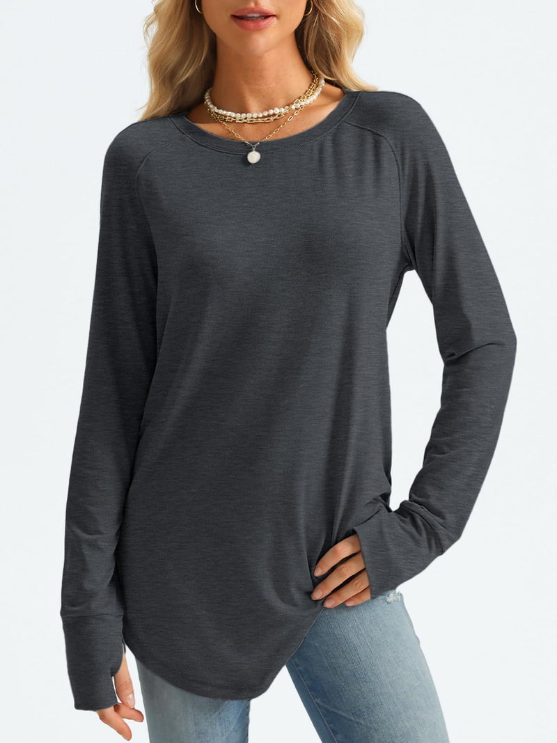 AUTOMET Womens Long Sleeve Shirts Crew Neck Casual Tshirts Fall Fashion Tops Loose Fit Lightweight Y2k Outfits Clothes Darkgrey XL - Image 2