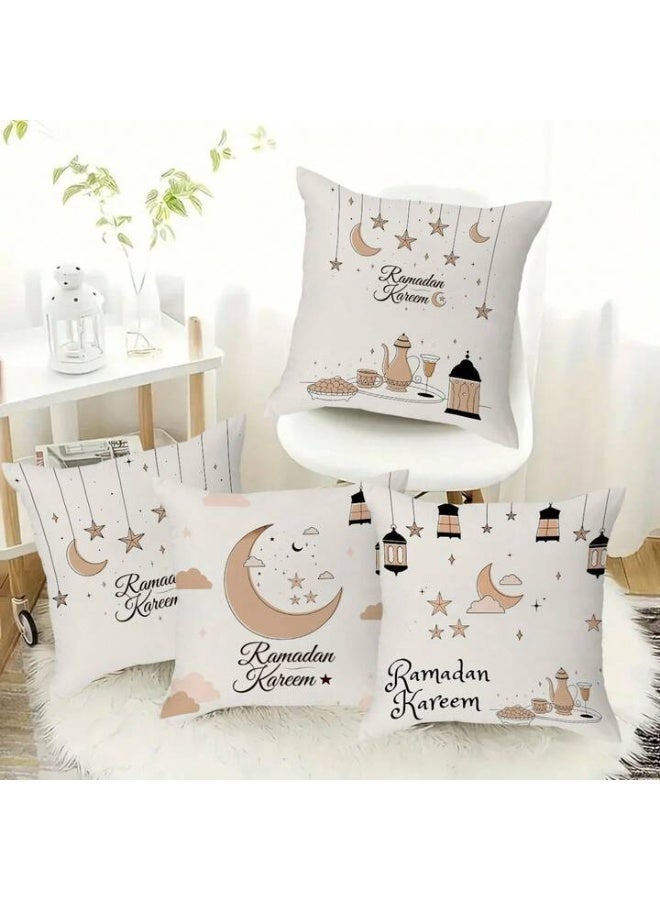 الحرائر  طقم من 4 أغطية وسائد من الكتان الناعم مطبوعة على وجه واحد بتصميم عصري وشعبي لفوانيس شهر رمضان المبارك والعيد مقاس 45X45 سم - Image 2