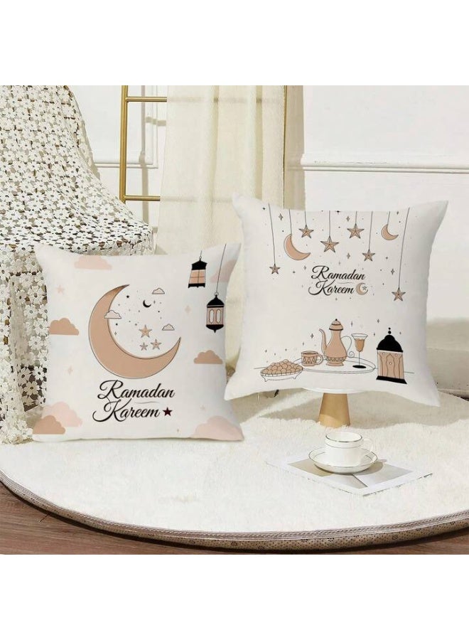 الحرائر  طقم من 4 أغطية وسائد من الكتان الناعم مطبوعة على وجه واحد بتصميم عصري وشعبي لفوانيس شهر رمضان المبارك والعيد مقاس 45X45 سم - Image 3