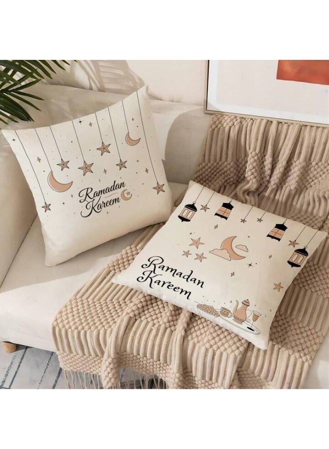 الحرائر  طقم من 4 أغطية وسائد من الكتان الناعم مطبوعة على وجه واحد بتصميم عصري وشعبي لفوانيس شهر رمضان المبارك والعيد مقاس 45X45 سم - Image 4