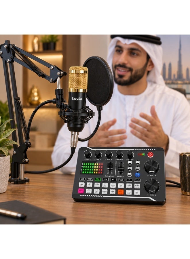 إيزي سو بطاقة الصوت F998 المباشرة مع لوحة مزج الصوت ومجموعة الميكروفونات للبث المباشر، وبطاقة تغيير الصوت المزودة باثني عشر صوتًا محيطيًا وأربعة أنواع من تأثيرات تغيير الصوت، وبطاقة صوت لتغيير الصوت، ومزج البث المباشر، ومزج موسيقى الدي جي، وتسجيل الموسيقى، والغيتارات، وتيك توك، وفيسبوك، ويوتيوب، وUSB، وبلوتوث - Image 1