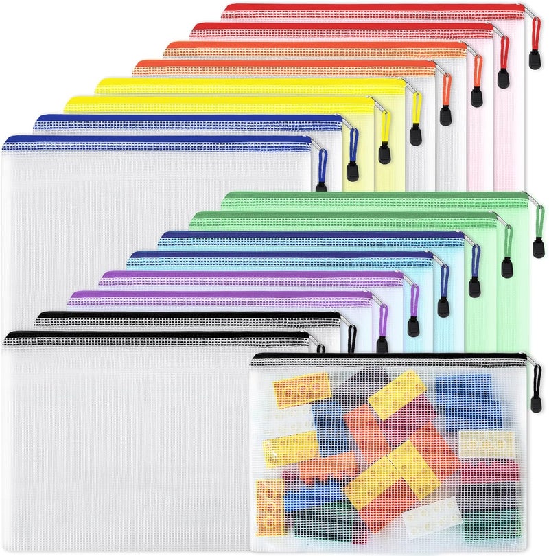 EOOUT 16pcs Mesh Zipper Pouch Document Bag Zip File Folders, A4 Size, 8 Colors - Image 1