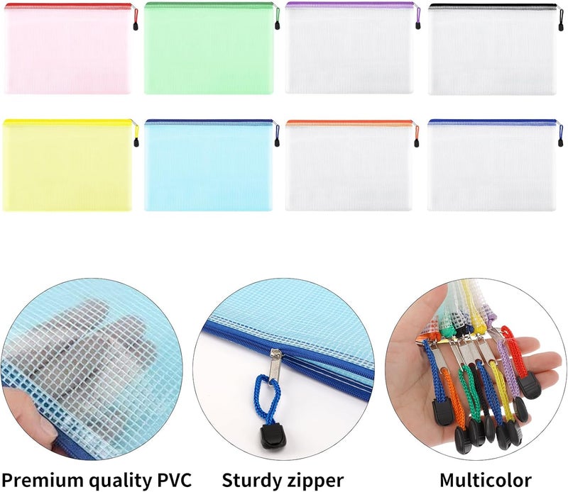 EOOUT 16pcs Mesh Zipper Pouch Document Bag Zip File Folders, A4 Size, 8 Colors - Image 4