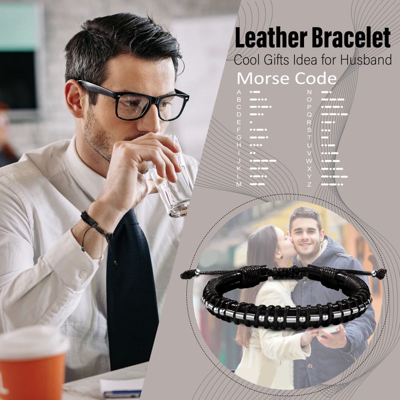 Btysun Husband Valentines Day Gifts, Valentines Day Gifts for Husband Men Bracelets I Love You Gift for Him Husbands Gift from Wife Morse Code Bracelet Leather Bracelets Anniversary Birthday Jewelry - Image 2