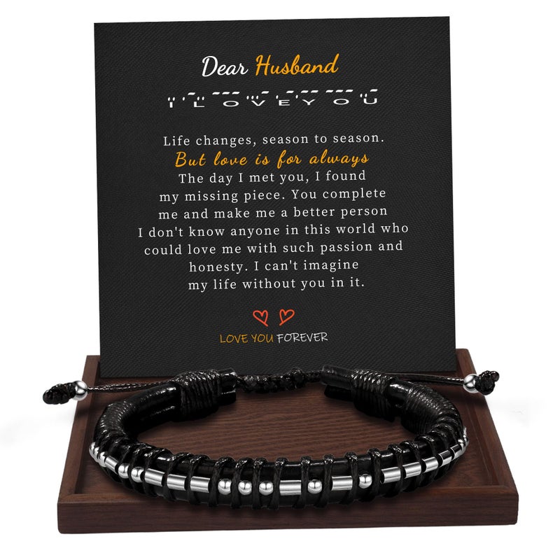 Btysun Husband Valentines Day Gifts, Valentines Day Gifts for Husband Men Bracelets I Love You Gift for Him Husbands Gift from Wife Morse Code Bracelet Leather Bracelets Anniversary Birthday Jewelry - Image 1