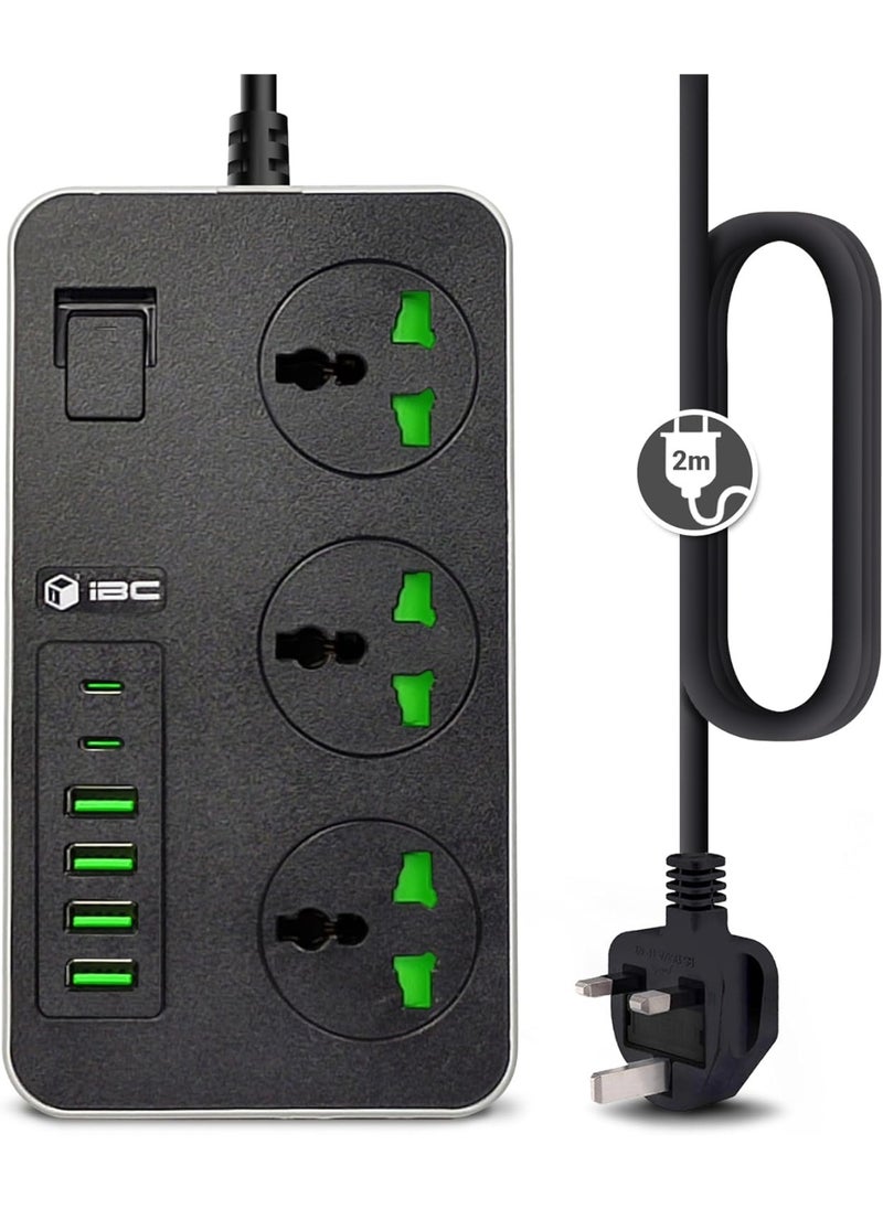 للمستقبل سلك تمديد لشرائط الطاقة العالمية | 3 مآخذ محول التوصيل العالمي مع 6 منافذ USB كابل تمديد جريء | مقبس الطاقة | لوحة التمديد | كابل تمديد | مقبس تمديد 2 متر (أبيض)  - Image 1