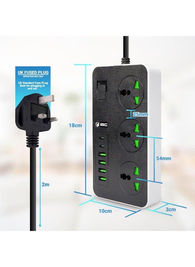للمستقبل سلك تمديد لشرائط الطاقة العالمية | 3 مآخذ محول التوصيل العالمي مع 6 منافذ USB كابل تمديد جريء | مقبس الطاقة | لوحة التمديد | كابل تمديد | مقبس تمديد 2 متر (أبيض)  - Image 2