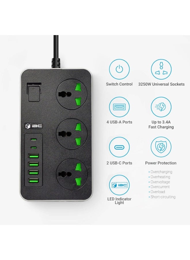 للمستقبل سلك تمديد لشرائط الطاقة العالمية | 3 مآخذ محول التوصيل العالمي مع 6 منافذ USB كابل تمديد جريء | مقبس الطاقة | لوحة التمديد | كابل تمديد | مقبس تمديد 2 متر (أبيض)  - Image 3