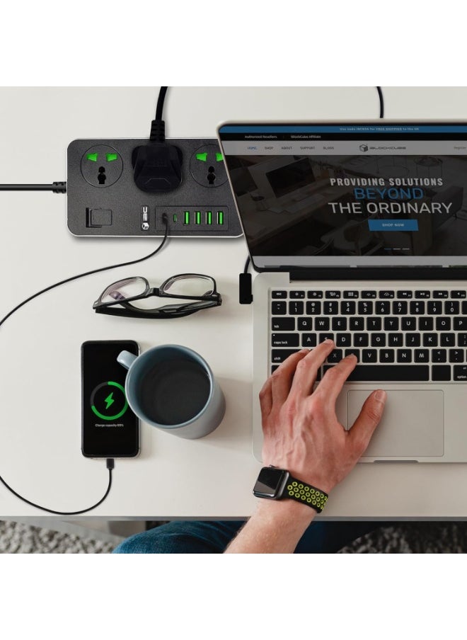 للمستقبل سلك تمديد لشرائط الطاقة العالمية | 3 مآخذ محول التوصيل العالمي مع 6 منافذ USB كابل تمديد جريء | مقبس الطاقة | لوحة التمديد | كابل تمديد | مقبس تمديد 2 متر (أبيض)  - Image 4