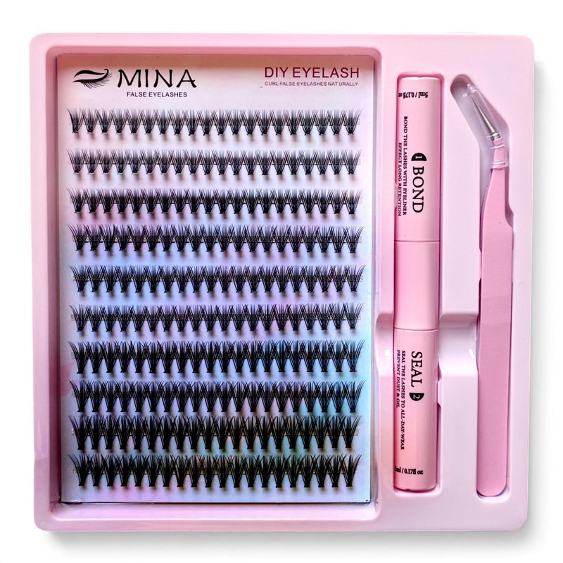 Cluster Eyelash Extensions Kit with Bond and Seal & Tweezers, 9/10/11/12MM Lengths, Soft Lightweight Wispy Lashes for DIY (Cluster Eyelash + Bond&Seal + Tweezer)