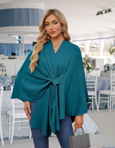 PULI Women's Elegant Shawl Wraps Soft Open Front Poncho Sweater for Spring Fall Winter dark Cyan - Image 2