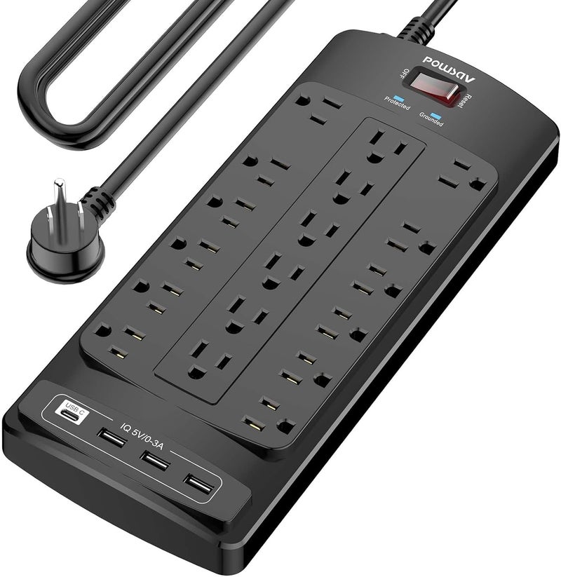 POWSAV 18 Outlets Surge Protector Power Strip - 15 Feet Flat Plug Heavy Duty Extension Cord with 18 Widely Outlets and 4 USB Ports, 2100 Joules, Black, ETL Listed - Image 1