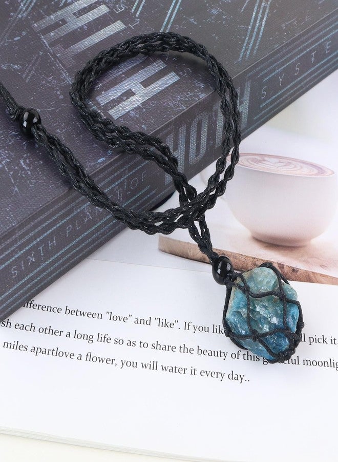 Anjiucc Natural Gemstone Crystal Pendant Necklace Stone Holder Necklace Cord Hand-Woven Necklace with Adjustable Length for Women Men, Gemstone, A - Blue Apatite - Image 3