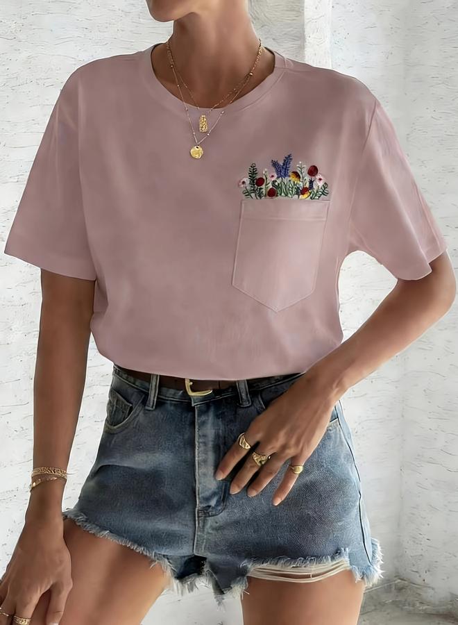 Take Two Plus Size Floral Embroidery Pocket T-Shirt - Image 4