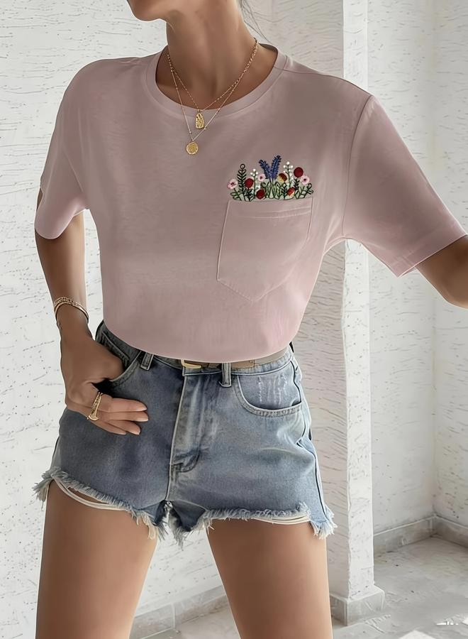 Take Two Plus Size Floral Embroidery Pocket T-Shirt - Image 5
