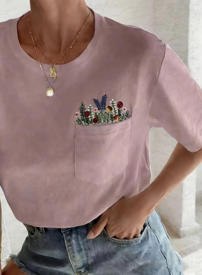 Take Two Plus Size Floral Embroidery Pocket T-Shirt - Image 1