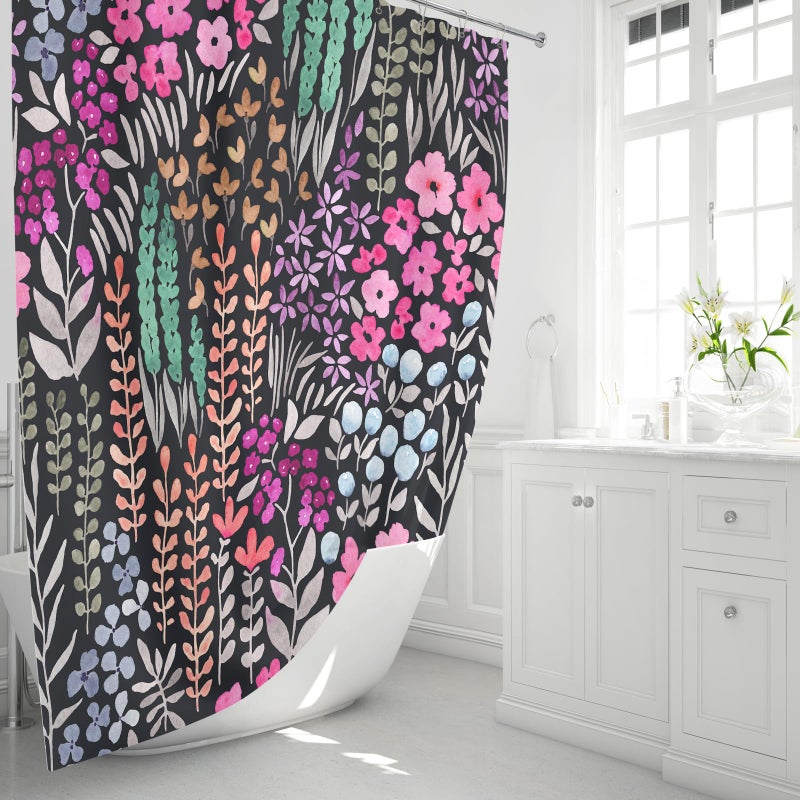MAYZUS Small Stall Shower Curtain 36 x 72 Inch  Half Narrow Cute Floral Shower Curtain for Bathroom  Black Hot Pink Wildflower Boho Cottagecore Fabric Shower Curtain Set with Hooks - Image 1