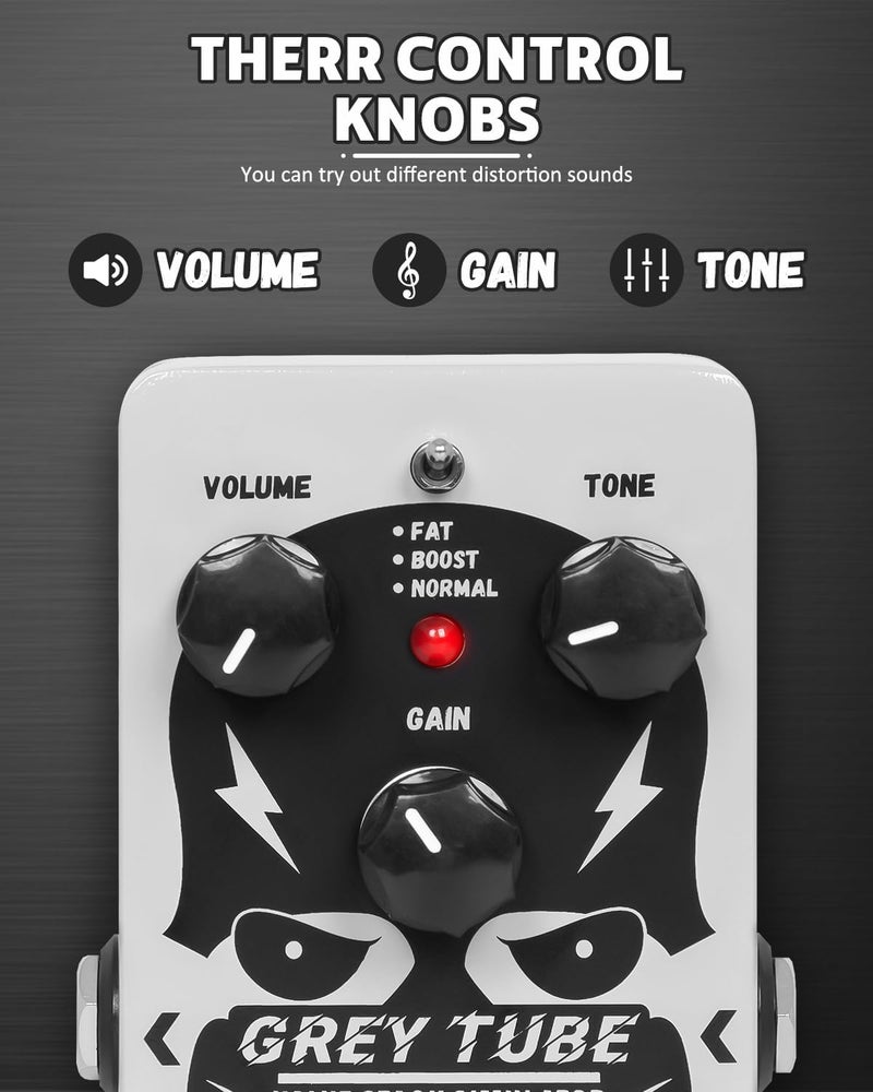 STRICH GREY TUBE Distortion Pedal for Electric Guitar, Distortion 3 Modes Fat, Boost, Normal Classic Crunch 80s Metal/Nu Metal, True Bypass for Electric Guitar, White - Image 4