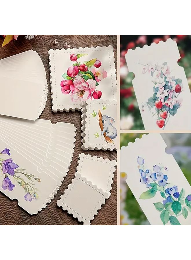 مجموعة بطاقات بريدية مرسومة يدويًا بالألوان المائية وزن 300 جرام للمتر المربع، تحتوي على 25 بطاقة فارغة على شكل طابع بريدي - Image 4