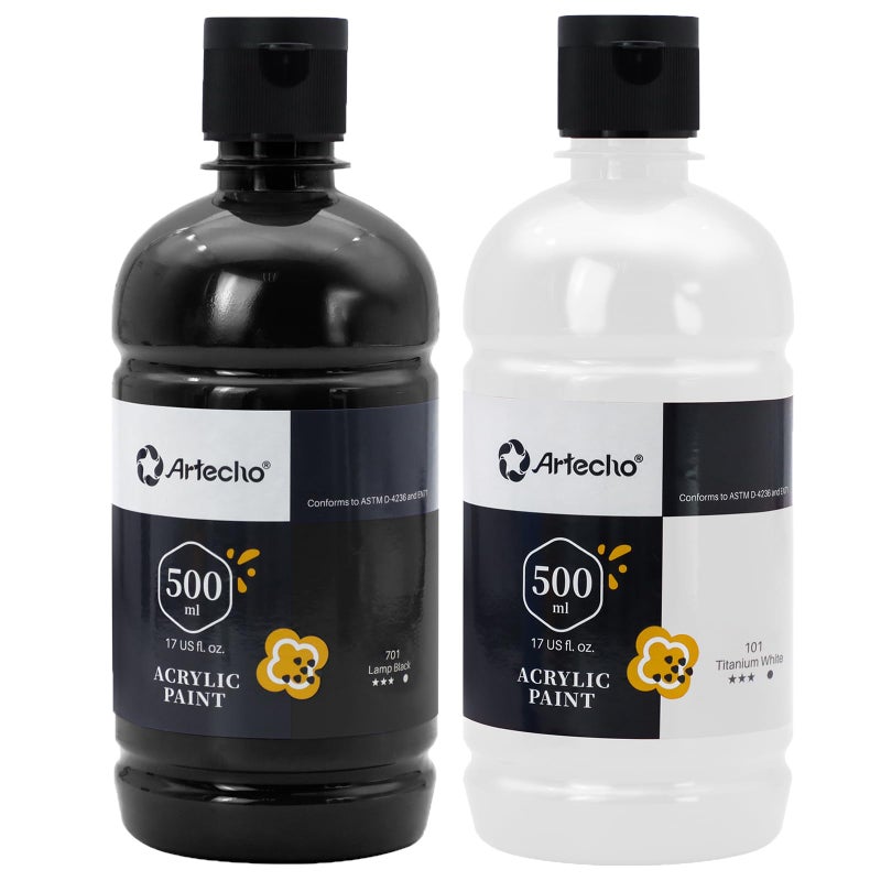 Artecho White and Black Acrylic Paint Large Bottle 500ml 17oz Craft Paint for Canvas Rocks Wood Fabric Ceramic Non Toxic