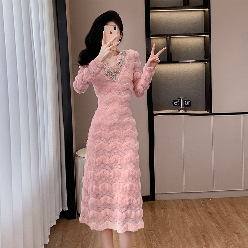 Thirteen lines of quality lace temperament skirt autumn and winter 2024 long sleeve nail drill collar dress 9588-2 9588-2 pink long style