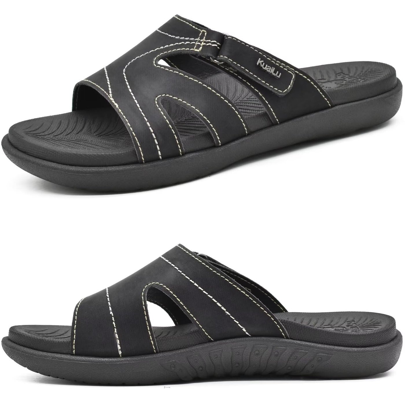 KuaiLu Womens Fashion Orthotic Slides Ladies Lightweight Athletic Yoga Mat Walking Sandals Slip On Thick Cushion Recovery Slippers Sandles Comfortable Plantar Fasciitis Arch Support Black Size 7.5