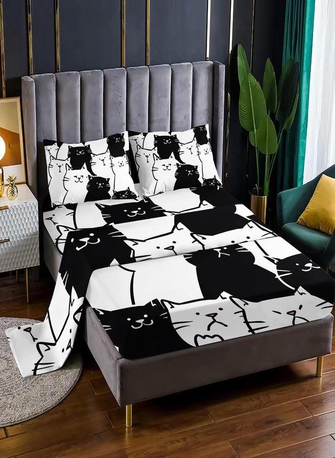 XYNHML Kids Cartoon Cat Sheet 4Pcs Full Black and White Kitten Sheet Cute Pet Cat Bedding Set for Teen Kid Boy Girl Adult Kawaii Line Cat Bedspread with 1 Flat Sheet and 1 Fitted Sheet+2 Pillowcases - Image 3