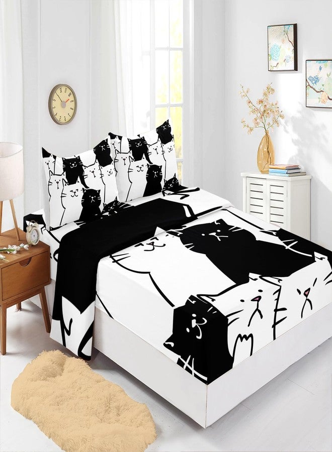 XYNHML Kids Cartoon Cat Sheet 4Pcs Full Black and White Kitten Sheet Cute Pet Cat Bedding Set for Teen Kid Boy Girl Adult Kawaii Line Cat Bedspread with 1 Flat Sheet and 1 Fitted Sheet+2 Pillowcases - Image 1