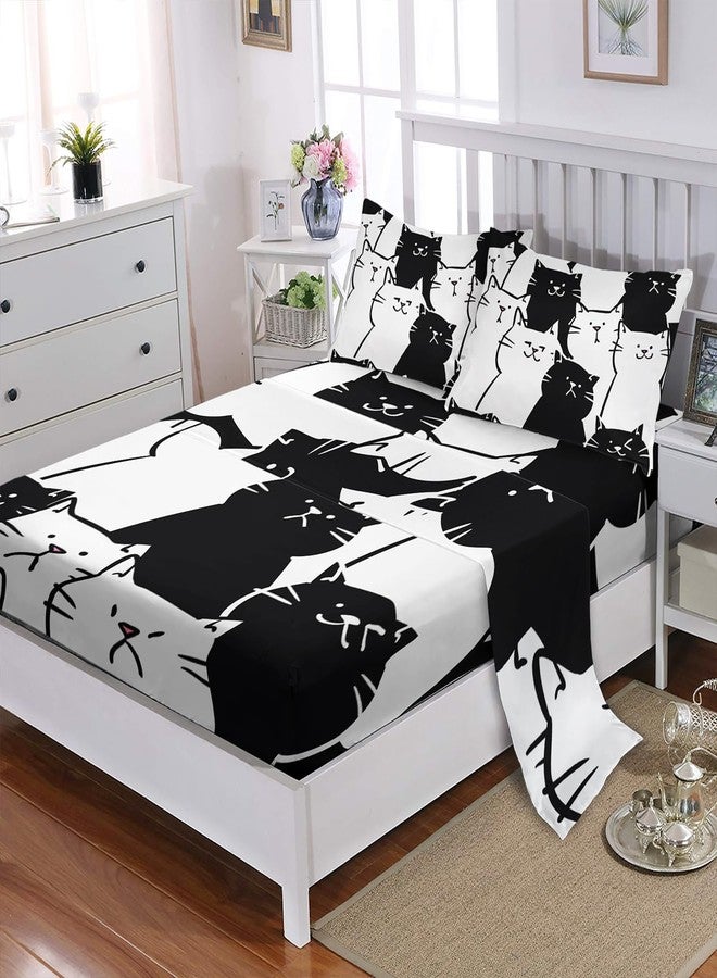 XYNHML Kids Cartoon Cat Sheet 4Pcs Full Black and White Kitten Sheet Cute Pet Cat Bedding Set for Teen Kid Boy Girl Adult Kawaii Line Cat Bedspread with 1 Flat Sheet and 1 Fitted Sheet+2 Pillowcases - Image 2