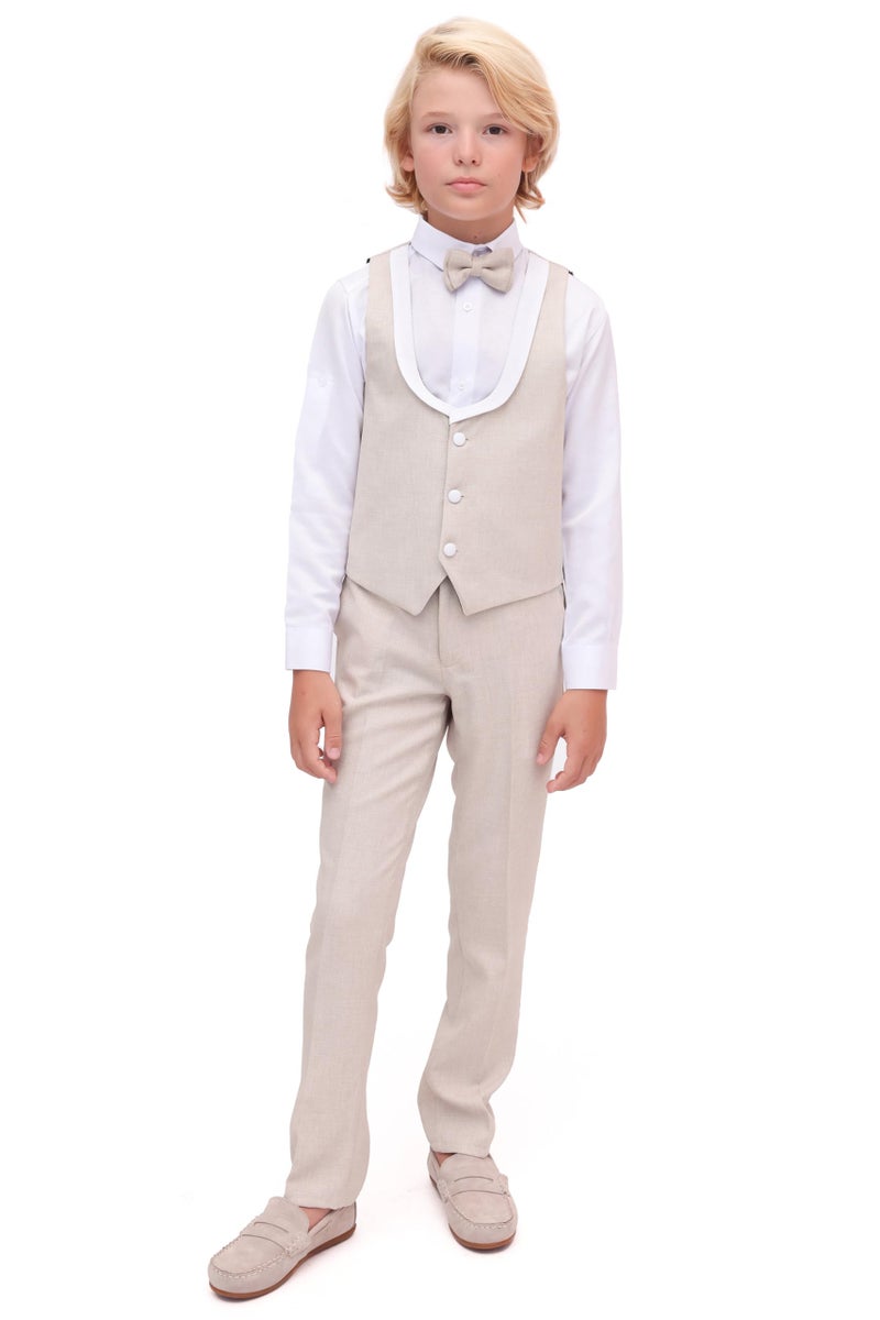 بدلة رسمية للأطفال الأولاد 4 قطع سترة بنطلون وربطة عنق بيج أبيض