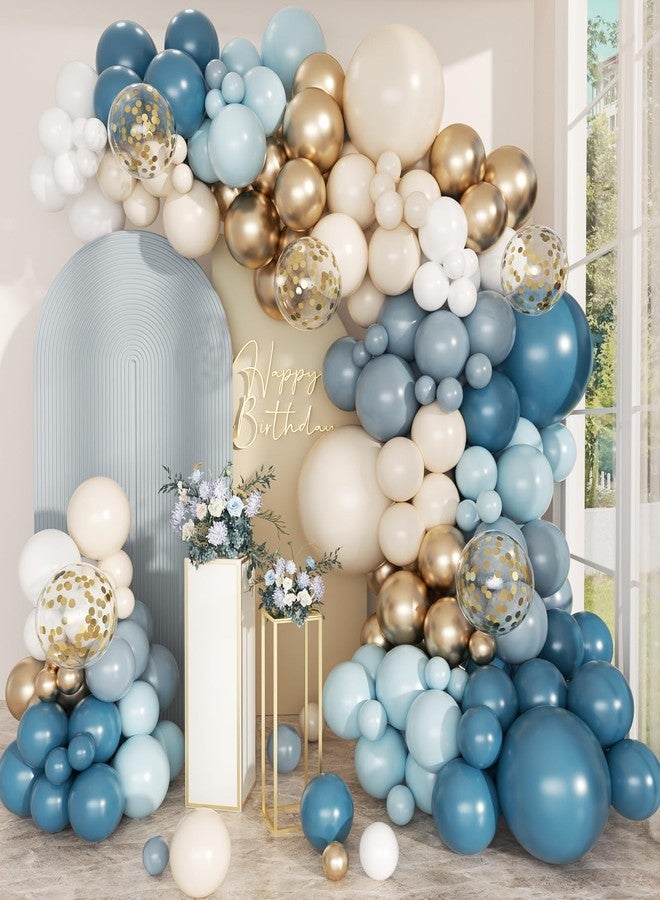 PEASUG 168Pcs Dusty Blue Balloon Arch Garland Kit, Slate Fog Baby Blue Sand White Confetti Metallic Gold Balloons for Boy Girl Baby Shower Birthday Bridal Gender Reveal Party Decorations Supplies - Image 1