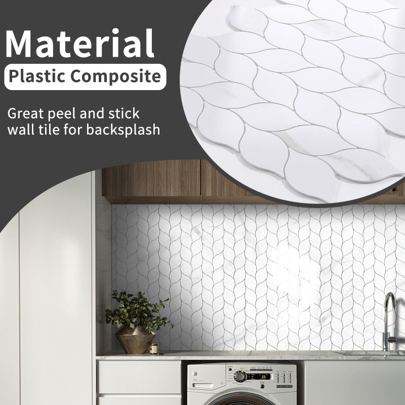 Tilingview 10-Sheet Peel and Stick Backsplash Tile for Kitchen, Self-Adhesive Mosaic Glossy Leaf Stick on Wall Tile with Gaps (Calacatta White) - Image 5
