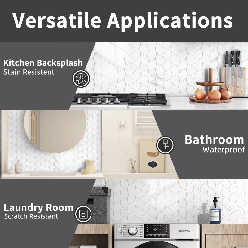 Tilingview 10-Sheet Peel and Stick Backsplash Tile for Kitchen, Self-Adhesive Mosaic Glossy Leaf Stick on Wall Tile with Gaps (Calacatta White) - Image 4