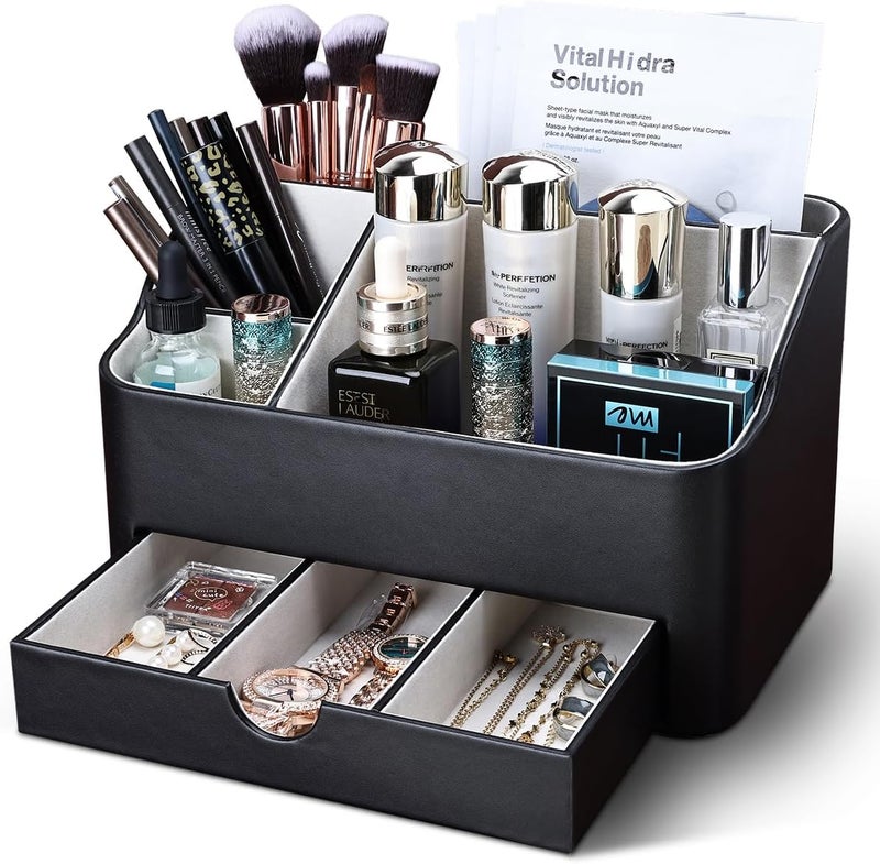 KINGFOM Make up Organiser with Drawer Compact Beauty Storage for Vanity Desk PU Leder Skincare Storage Organizer Best Gifts for women Black