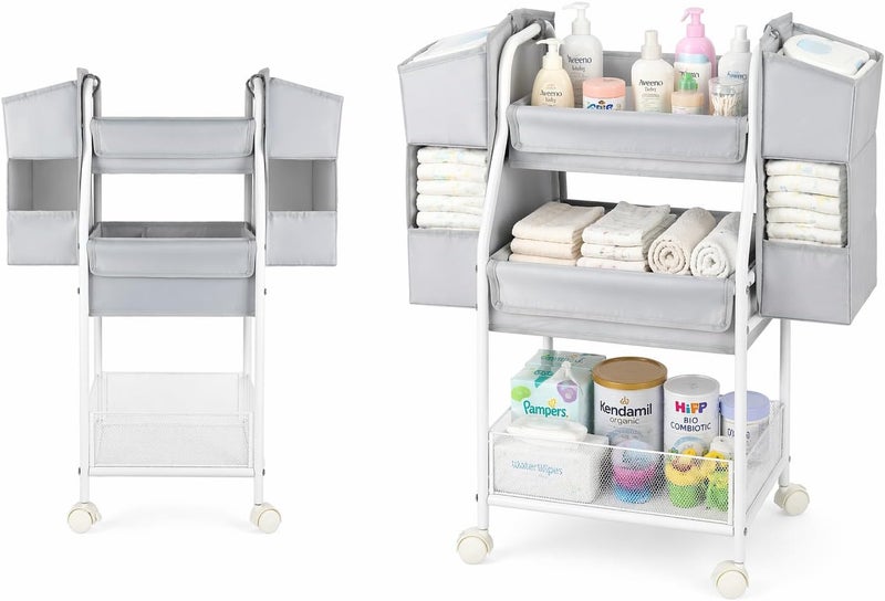 Moteph Rolling Utility Cart with Side Storage - Diaper Organizer, Nursery Essentials, and Craft Organizer (with_Side_Storage) - Image 1