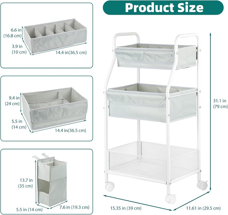 Moteph Rolling Utility Cart with Side Storage - Diaper Organizer, Nursery Essentials, and Craft Organizer (with_Side_Storage) - Image 4