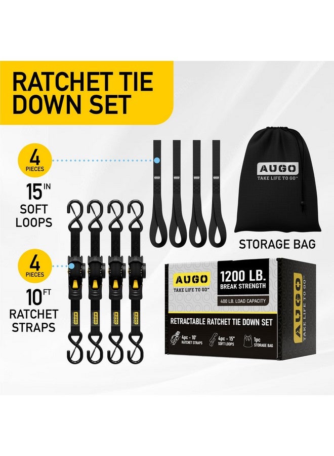 AUGO Retractable Ratchet Straps | 4 Heavy Duty Ratchet Straps Self Retractable Tie Down Straps with Soft Loops & Storage Bag for Motorcycle, Truck, Trailer, Cargo Van | 1200 Lb Break Strength 1” x 10’ - Image 4