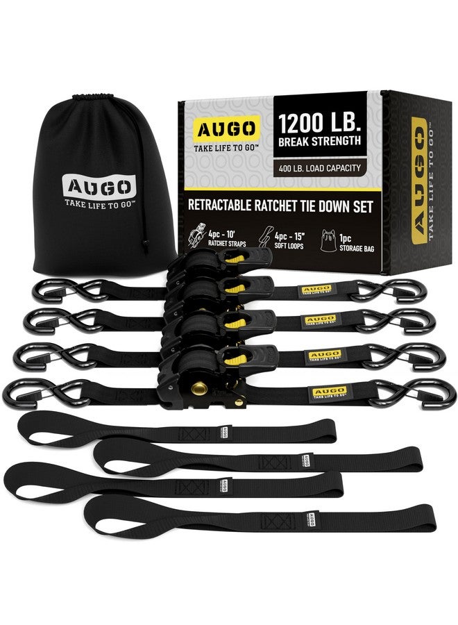 AUGO Retractable Ratchet Straps | 4 Heavy Duty Ratchet Straps Self Retractable Tie Down Straps with Soft Loops & Storage Bag for Motorcycle, Truck, Trailer, Cargo Van | 1200 Lb Break Strength 1” x 10’ - Image 1