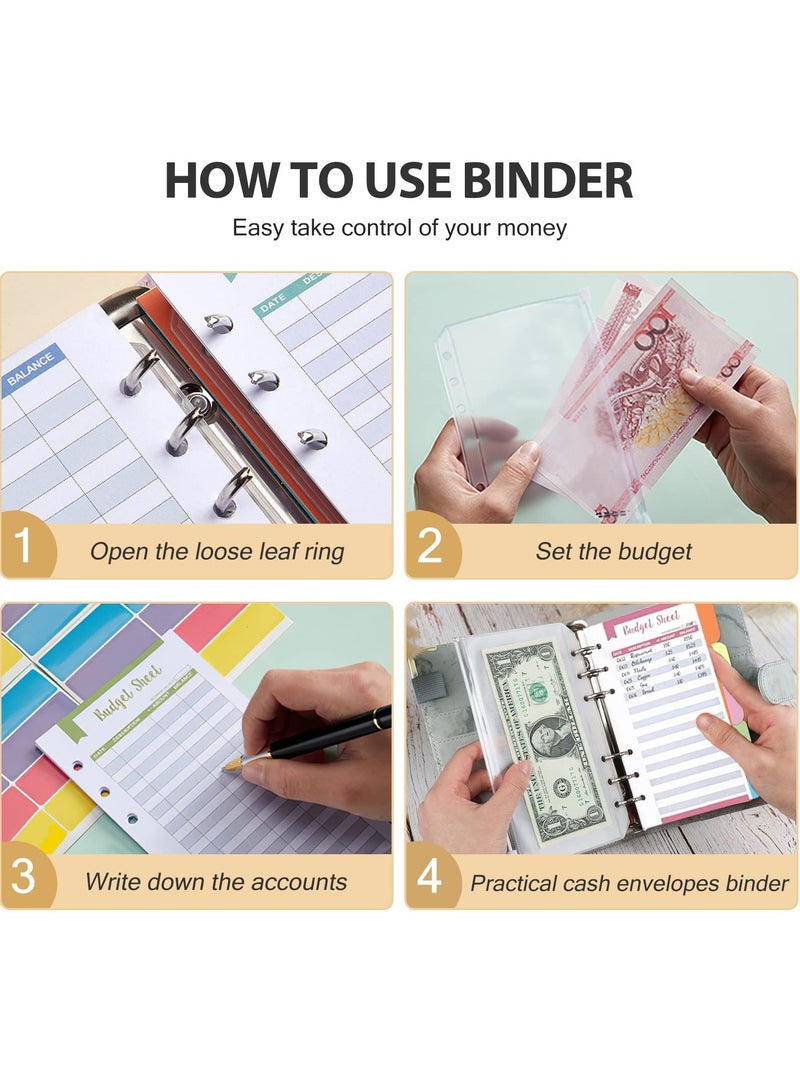 KASTWAVE Budget Binder with Zipper Envelopes, Cash Envelopes for Budgeting, A6 PU Leather Budget Binder Planner with 12 Pcs Clear Zipper Envelopes, 12 Pcs Budget Sheets for Budgeting, Saving Money - Image 3