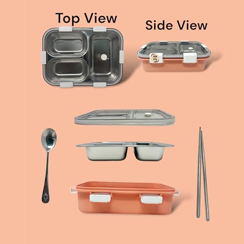 Kitchen Bloom Stainless Steel Lunch Box 3 Compartment with Steel Cutlery, Heating Insulation | Lunch Boxes | Lunch Box for Office Women & Kids | Tiffin Box (750 ml) (Lotus Root Starch) - Image 5