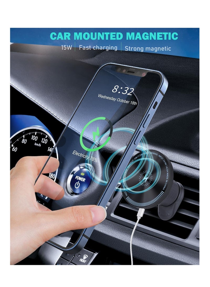 SYOSI 15W Magnetic Wireless Car Charger, Compatible with iPhone 15/ iPhone 14/iPhone 13 and Android, Fast Charging, 360° Rotation Air Vent Magnet Accessories Car Phone Holder - Image 4