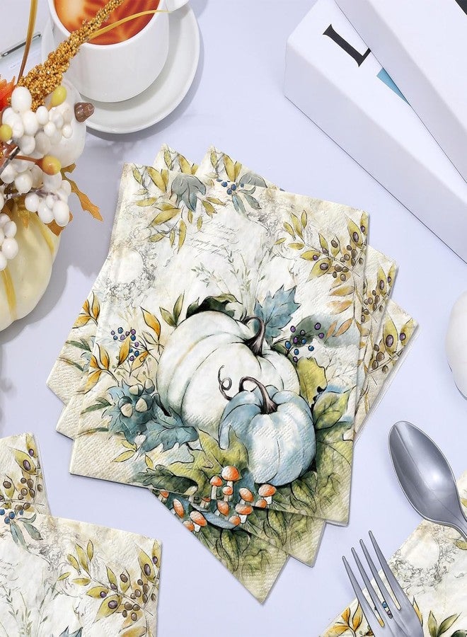 JarThenaAMCS 80Pcs Fall Pumpkin Paper Napkins Blue Vintage Autumn Luncheon Napkin Decorative Dessert Dinner Hand Napkin for Thanksgiving Harvest Wedding Birthday Party Supplies - Image 3